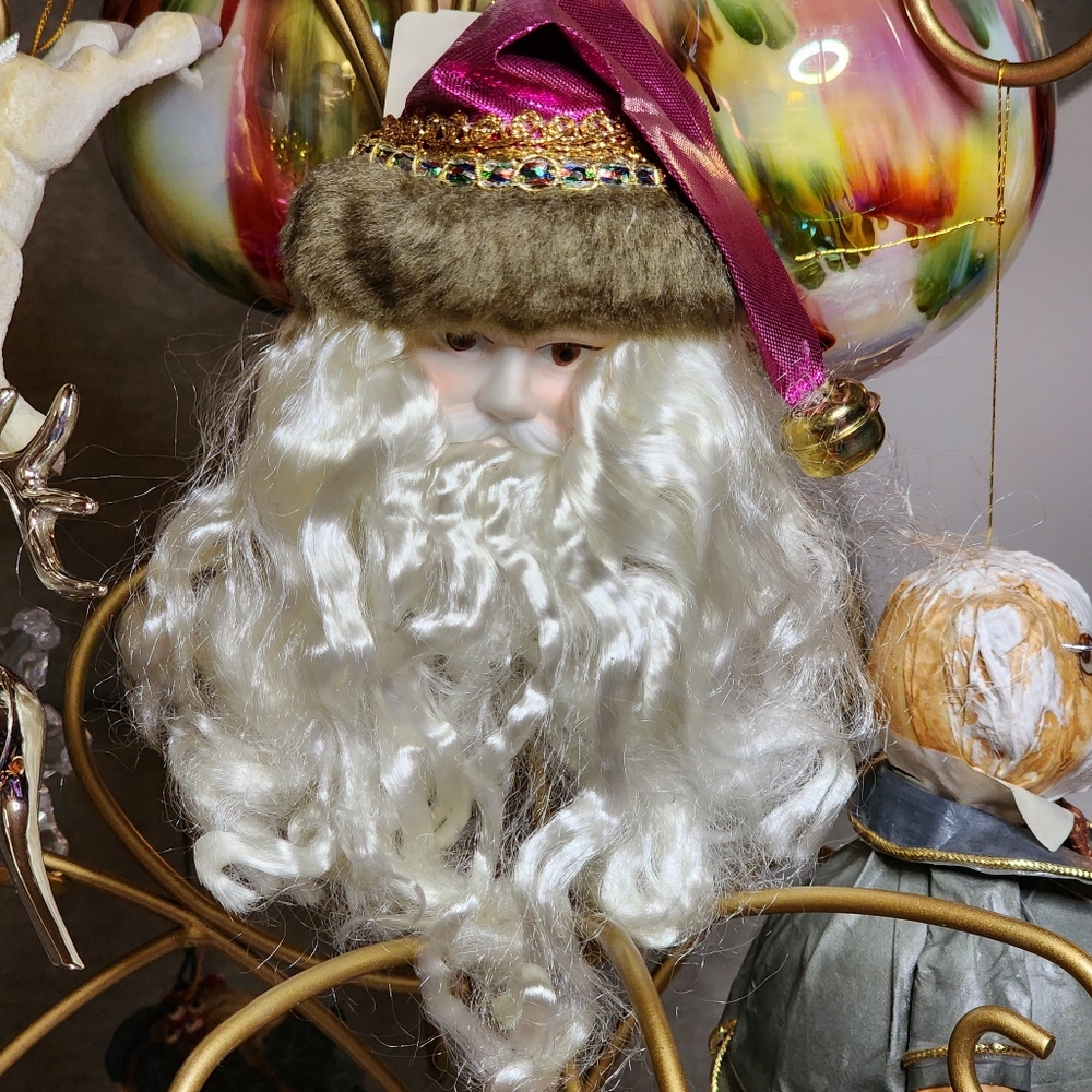 Fortunoff Ceramic Santa Head Ornament – Dark Pink Hat & Faux Fur